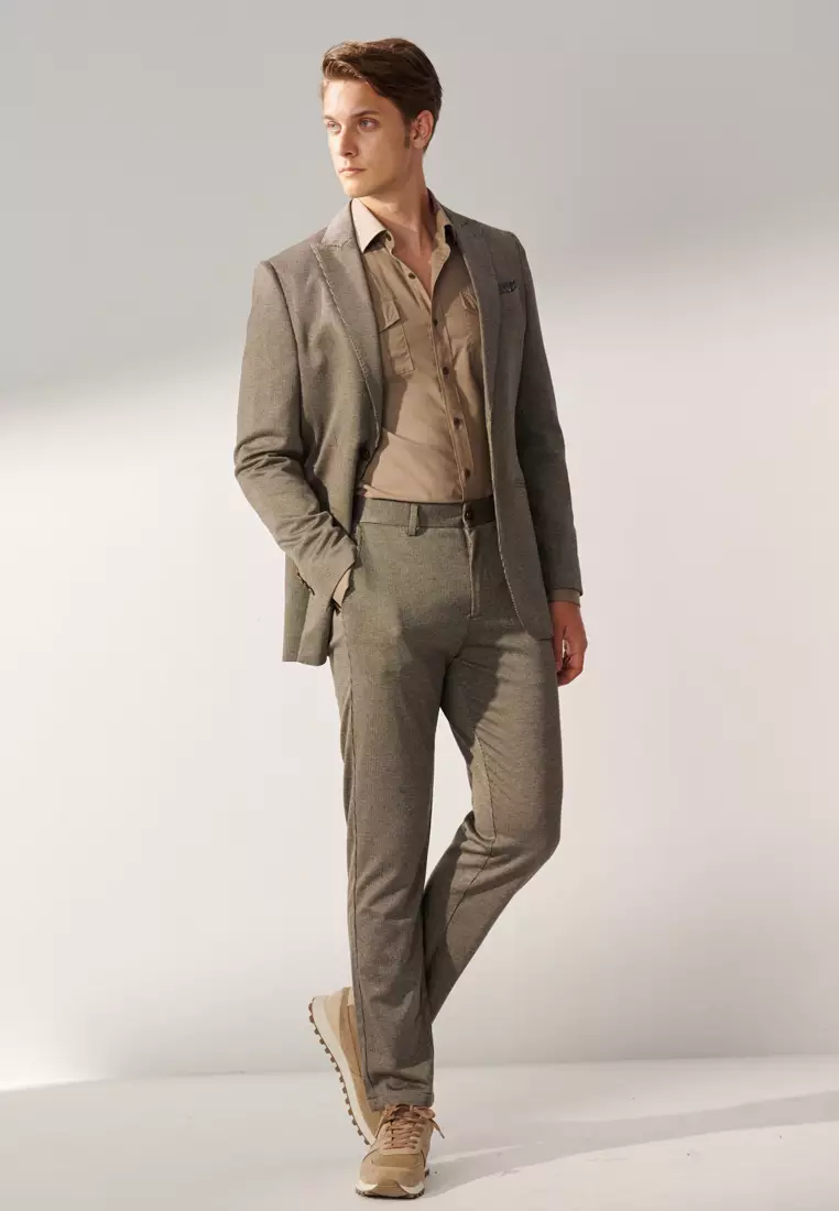 Hazelnut Brown Houndstooth Slim Stretch Jersey Trousers