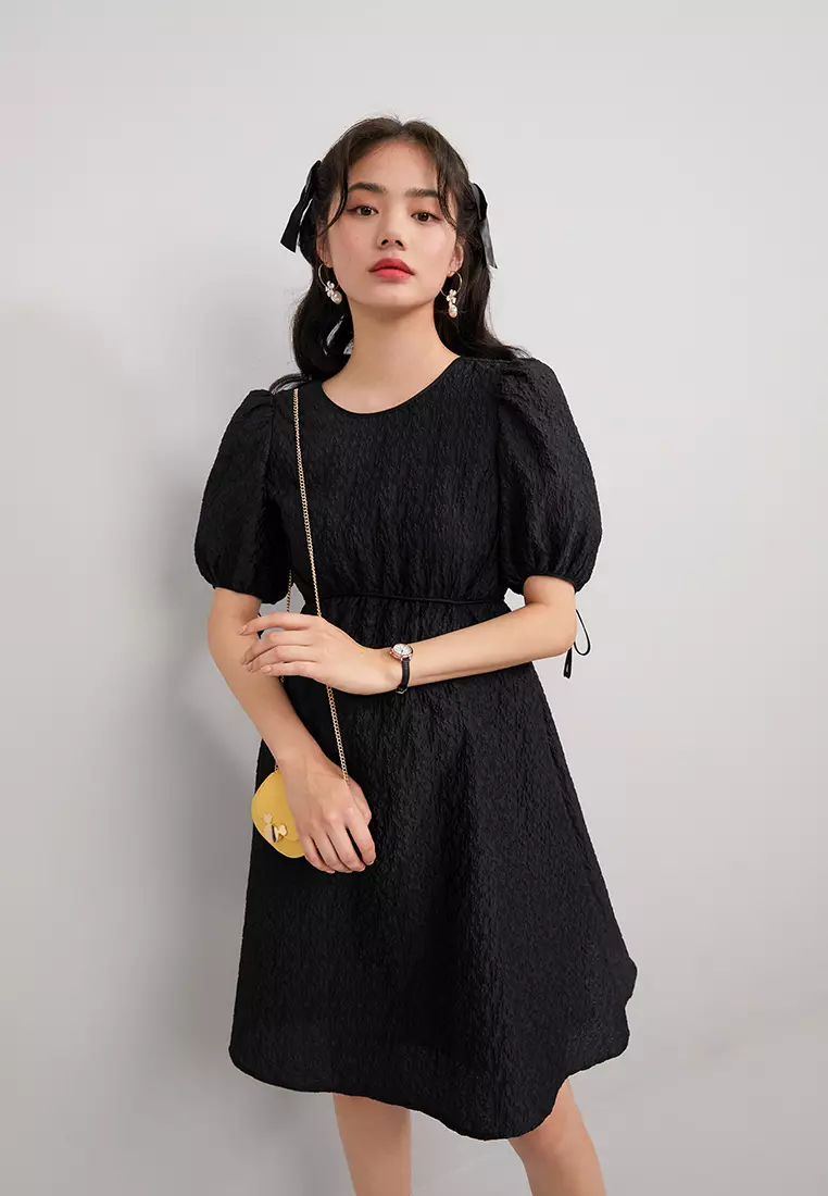 Puff Sleeve Floral Embossed Mini Dress