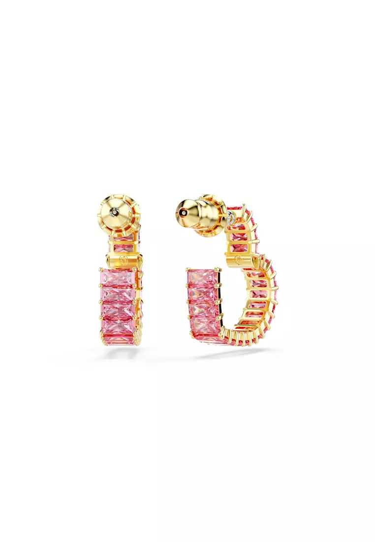 Matrix hoop earrings, Baguette cut, Heart, Small, Pink, Gold-tone plated