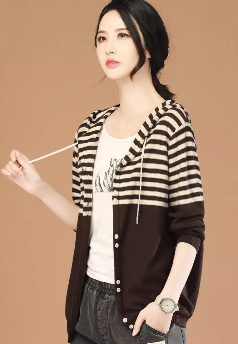 Stylish Striped Hooded Knit Jacket