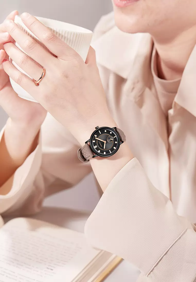 Jam Tangan Wanita Original Anggun Bercahaya Tali Kulit Mode Jam Tangan Cewek khakiblack