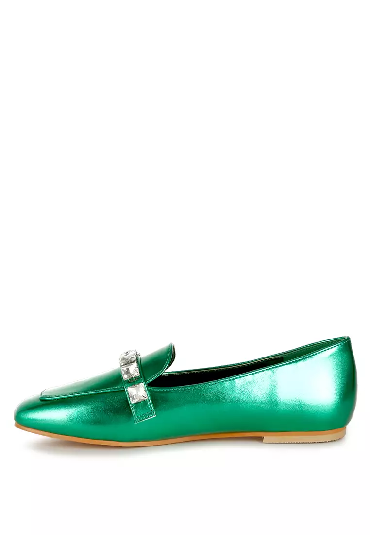 Sepatu Loafer Tali Berlian Metalik Warna Hijau