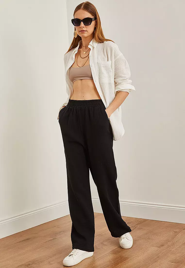 Elastic Waist Pocket Muslin Trousers