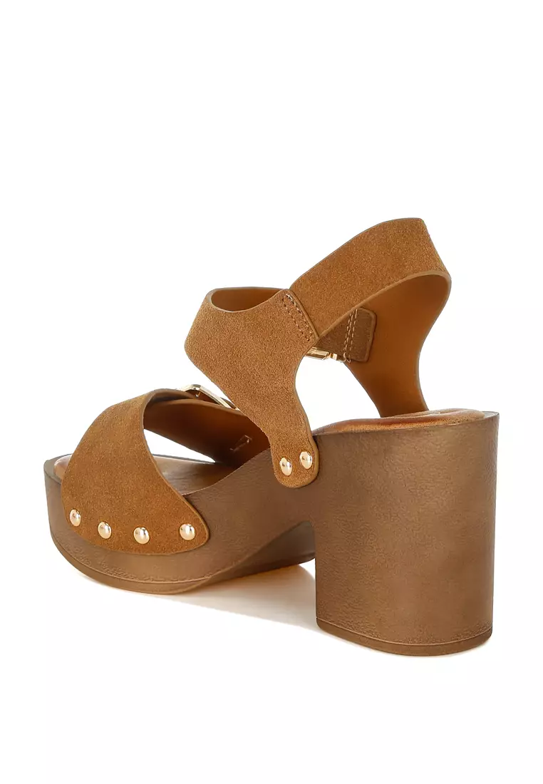 Real Suede Leather Clog Sandals In Tan