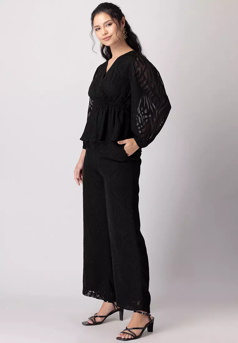 Black Peplum Wrap Top And Trousers Co-ord Set