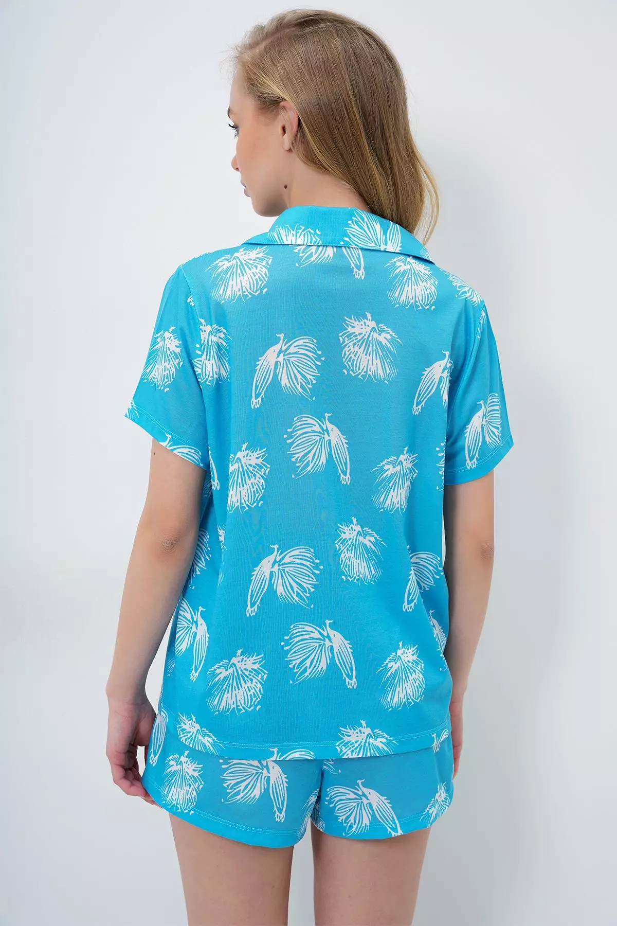 Women's Blue Floral Pattern Knitted Cotton Shirt And Shorts Pajamas Set Pjm-X13886