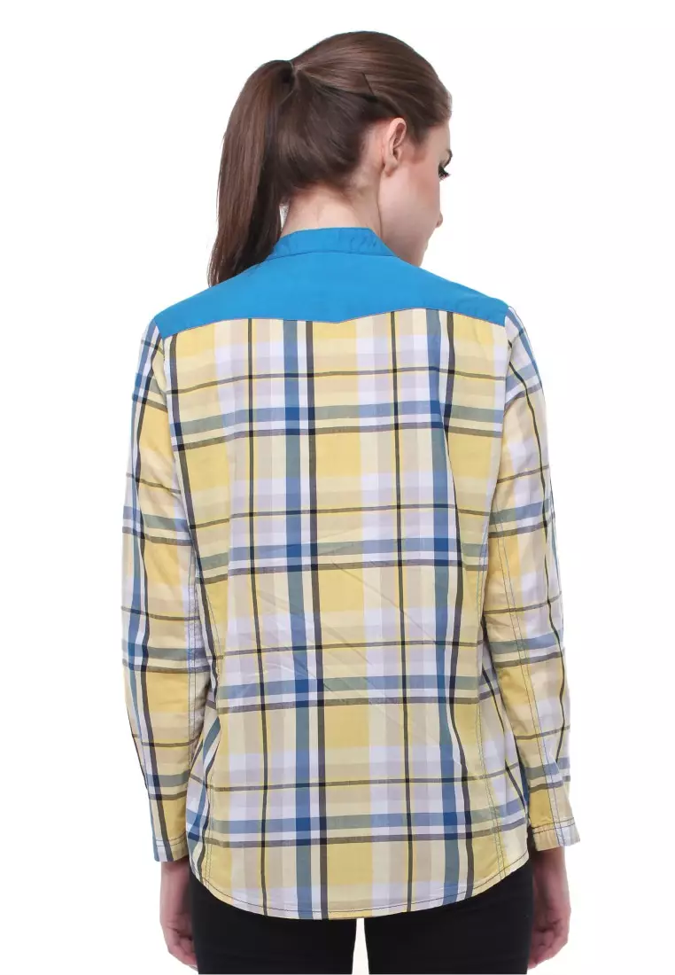 LGS - Regular Fit - Kemeja Wanita - Kerah Sanghai - Motif Kotak - Kuning