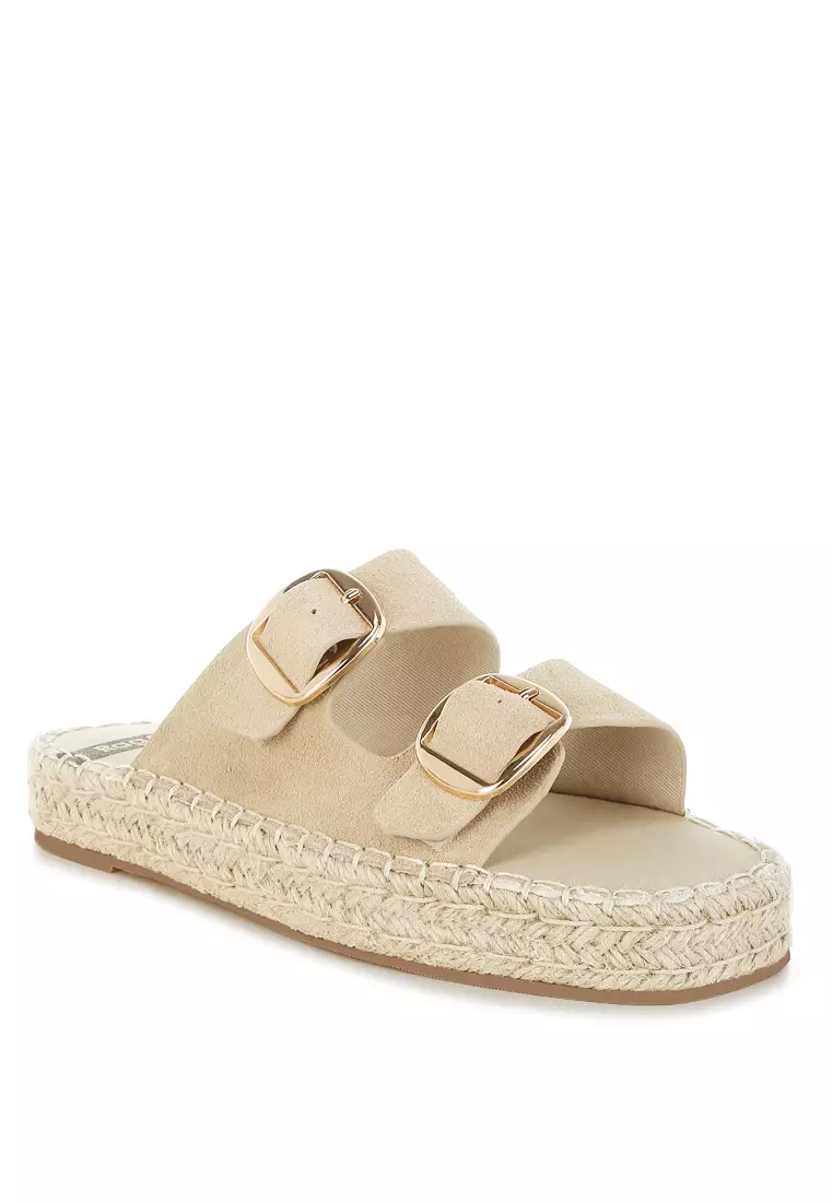 Sandal Flatform Espadrille Kulit Asli Lembut Warna Beige