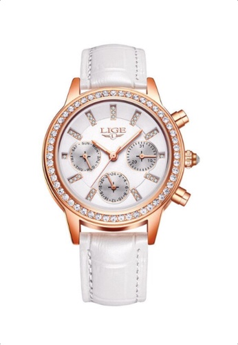 LIGE 白色 and 金色 LIGE 女士計時石英手錶，34 毫米，IP 玫瑰金色不銹鋼，舖有水晶，皮革錶帶上的白色錶盤 8E62AACE7DDCECGS_1