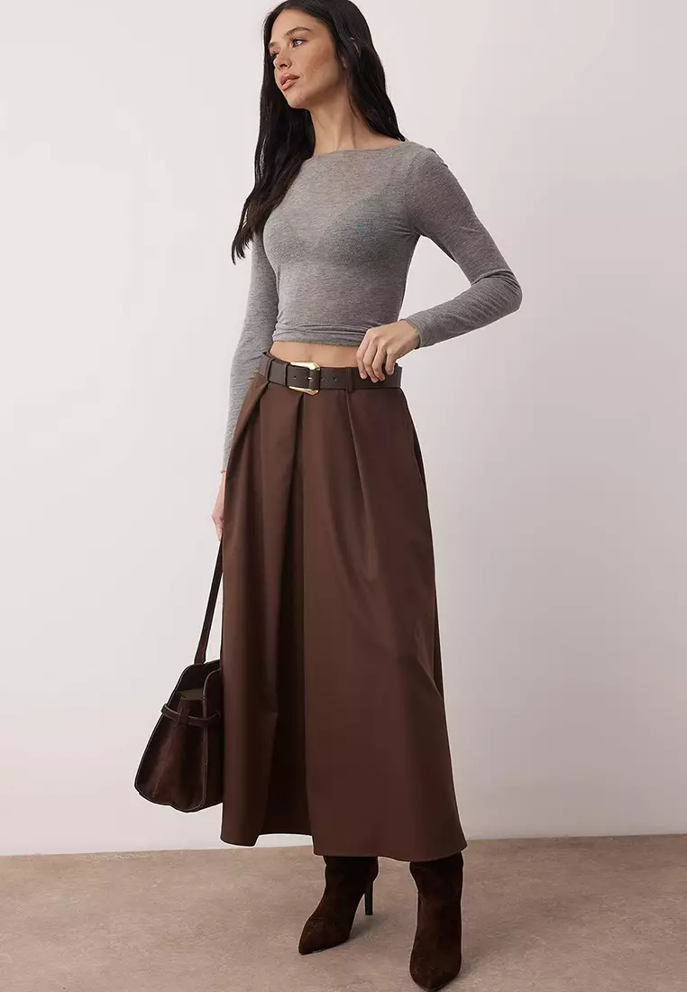 Dark Brown Belted Bell/A-Line Woven Long Maxi Skirt Twoaw26Et168