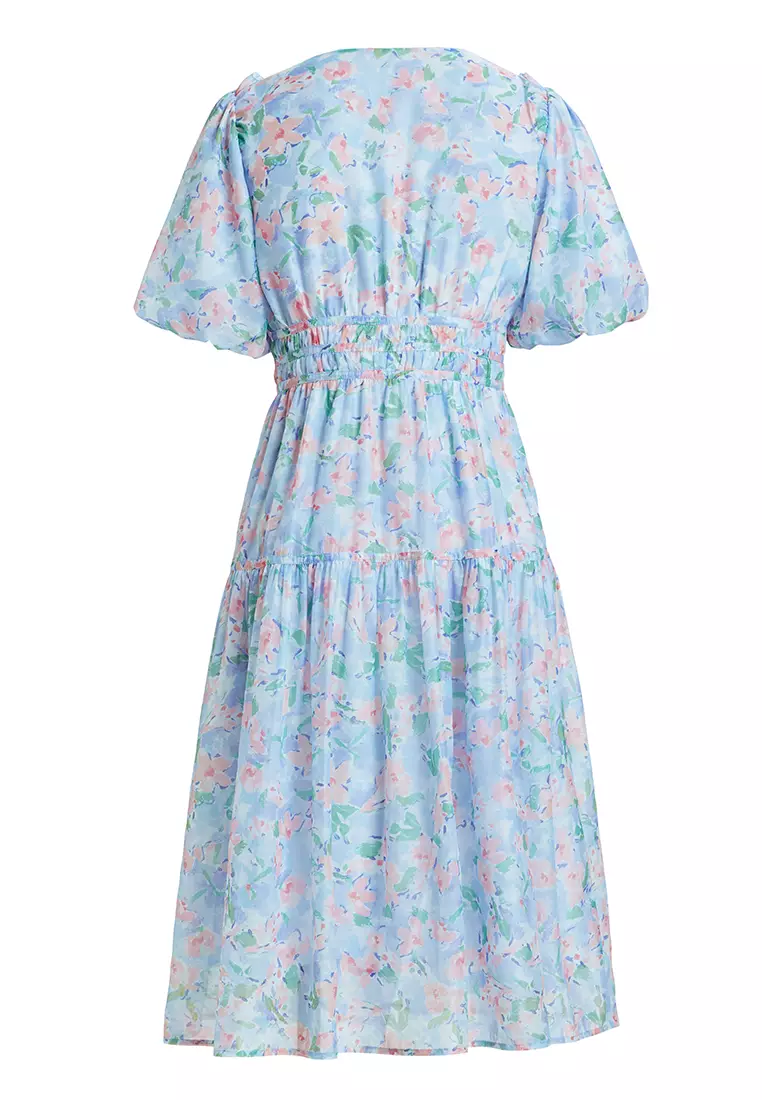 Puff Sleeve Smock-Wasit Floral Midi Dress