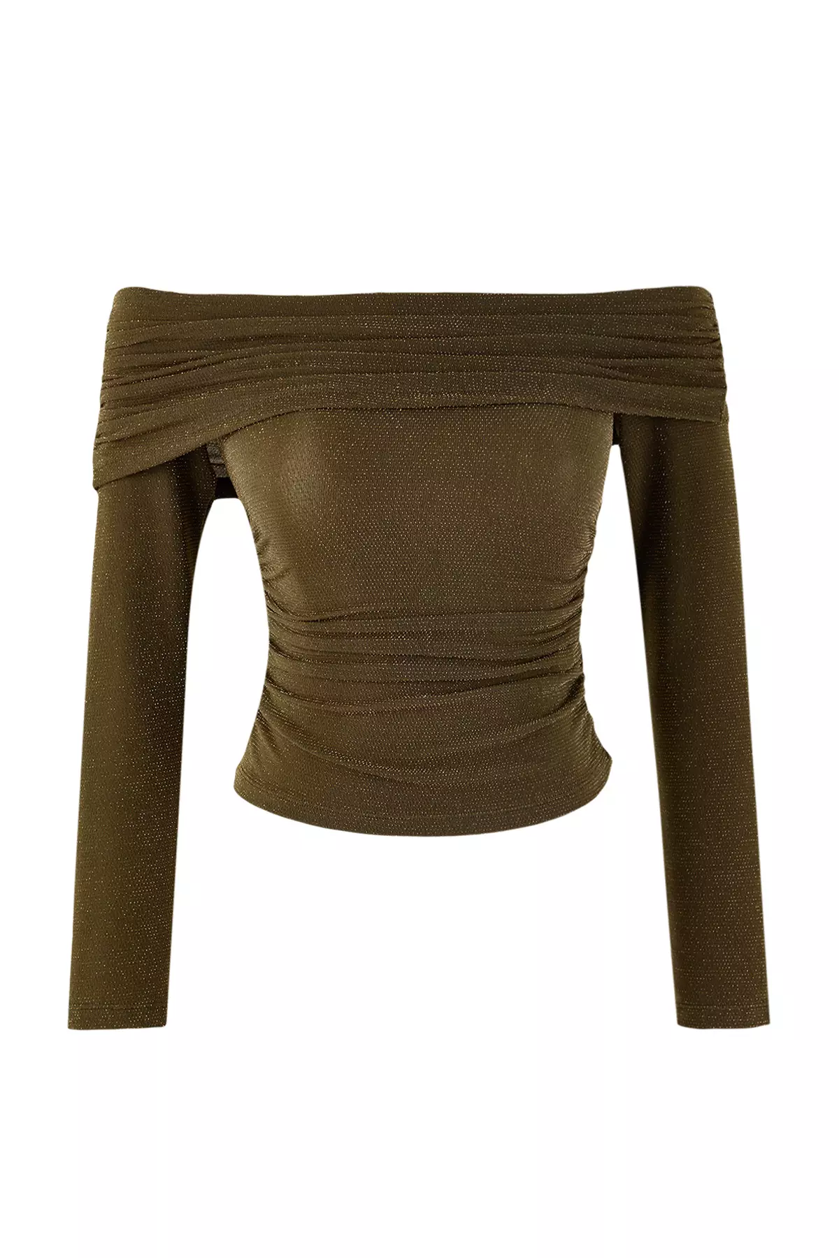 Khaki Carmen Collar Glitter Knitted Party Blouse Tprss26Bz2