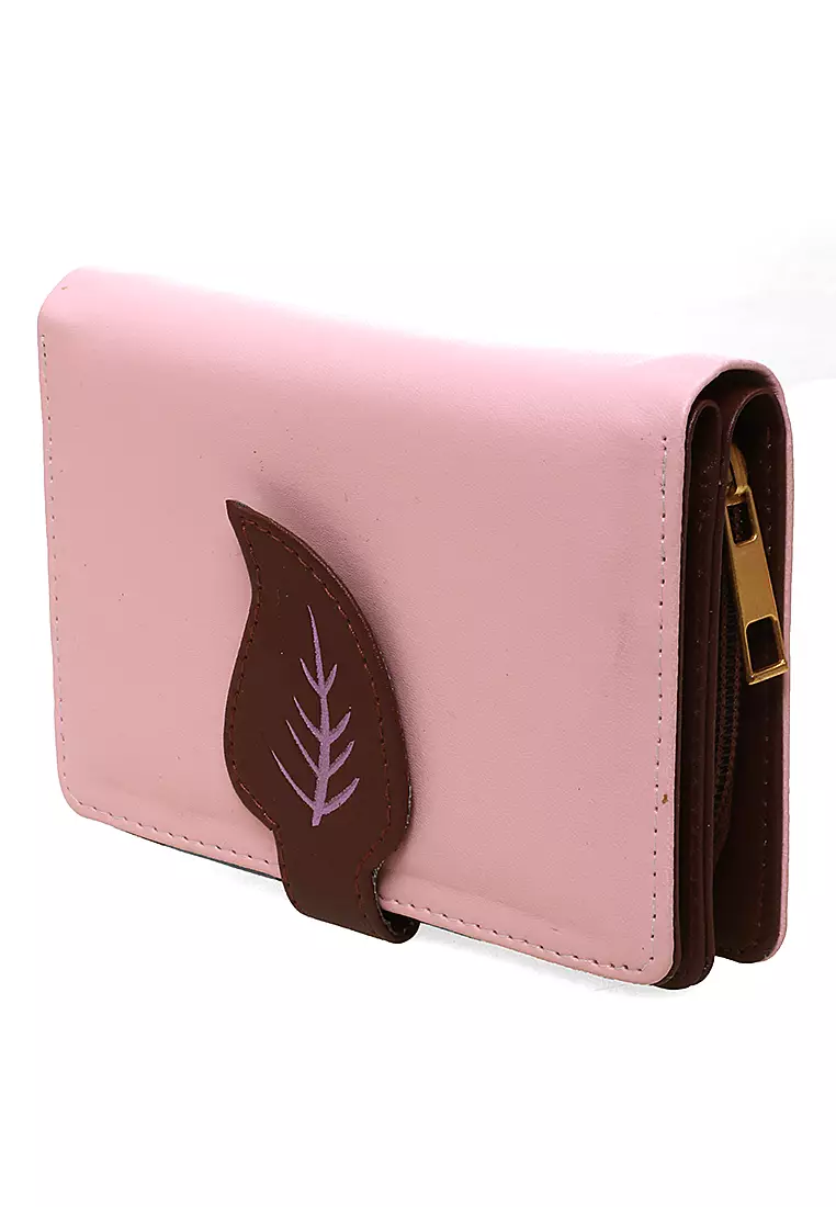 Fecesa Dompet Pendek Lipat Wanita Model Leaf Wallet Casual Many Slot Material Kulit Leather ORIGINAL - Brown Pink
