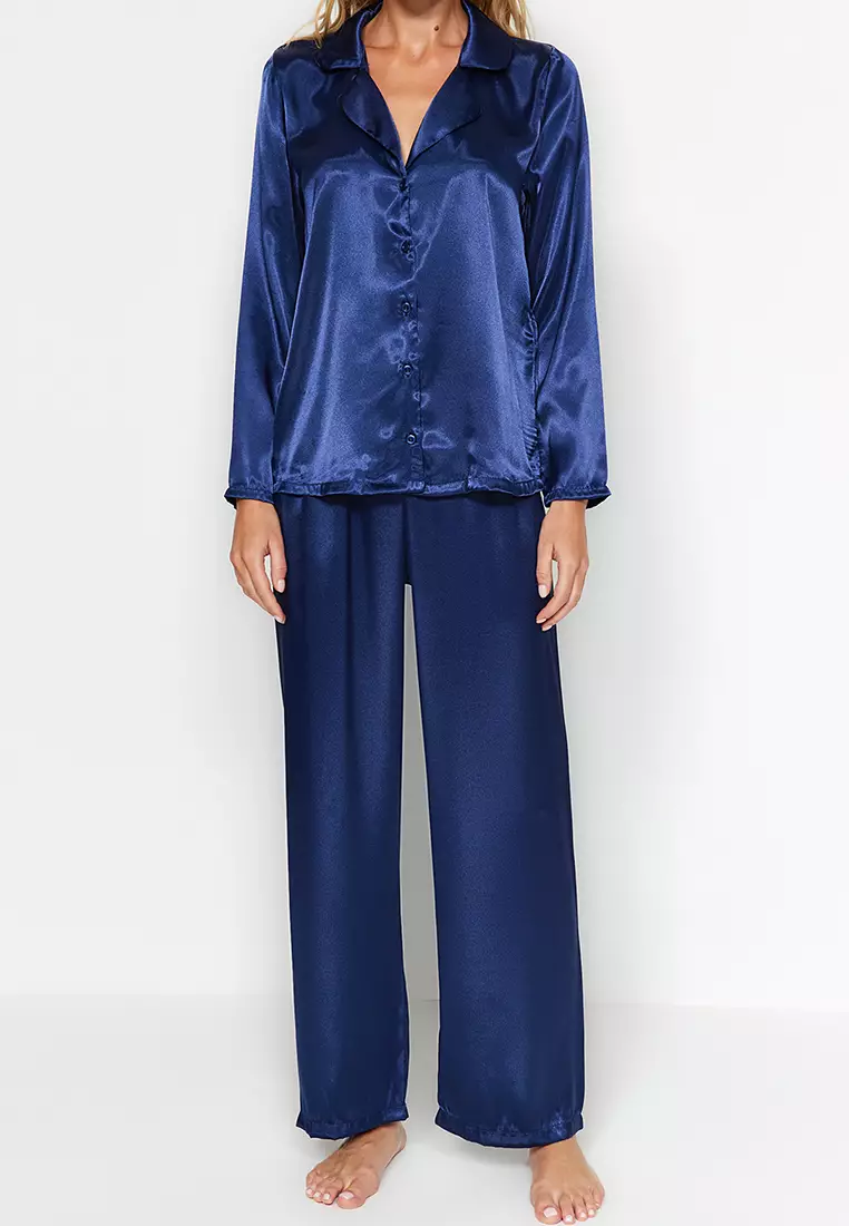 Navy Blue Satin Shirt-Pants Woven Pajamas Set