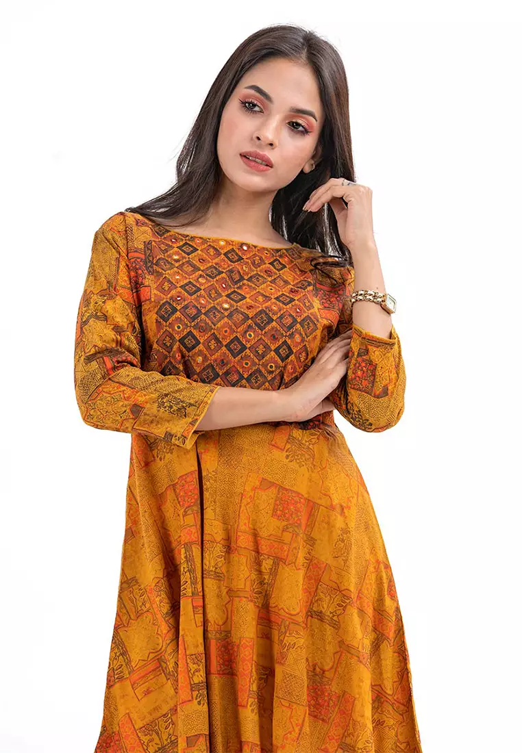 Le Reve 黄色图案工装风格粘胶束腰外衣