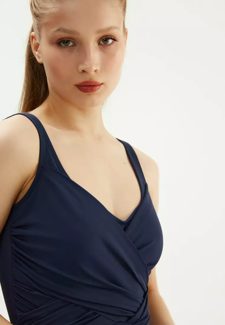 EROS Navy Shapewear Swimsuit, Front Cross Gathered, Swimwear for Women