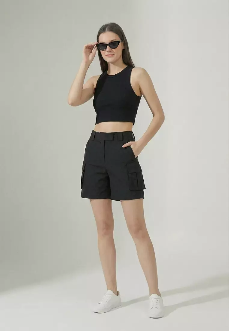 Celana Pendek Kargo Solid Lingkaran Sabuk Hitam
