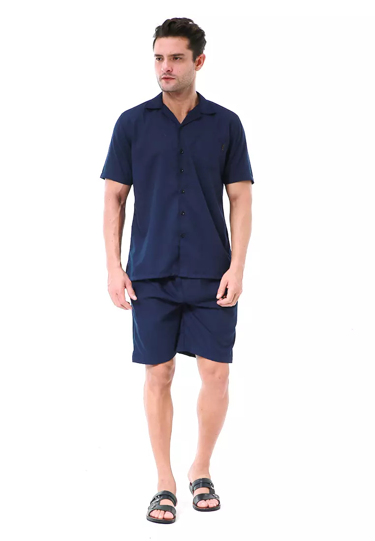 Deon Piyama Pria Plain Motive Kemeja One Set Lengan Pendek Material Cotton ORIGINAL - Navy