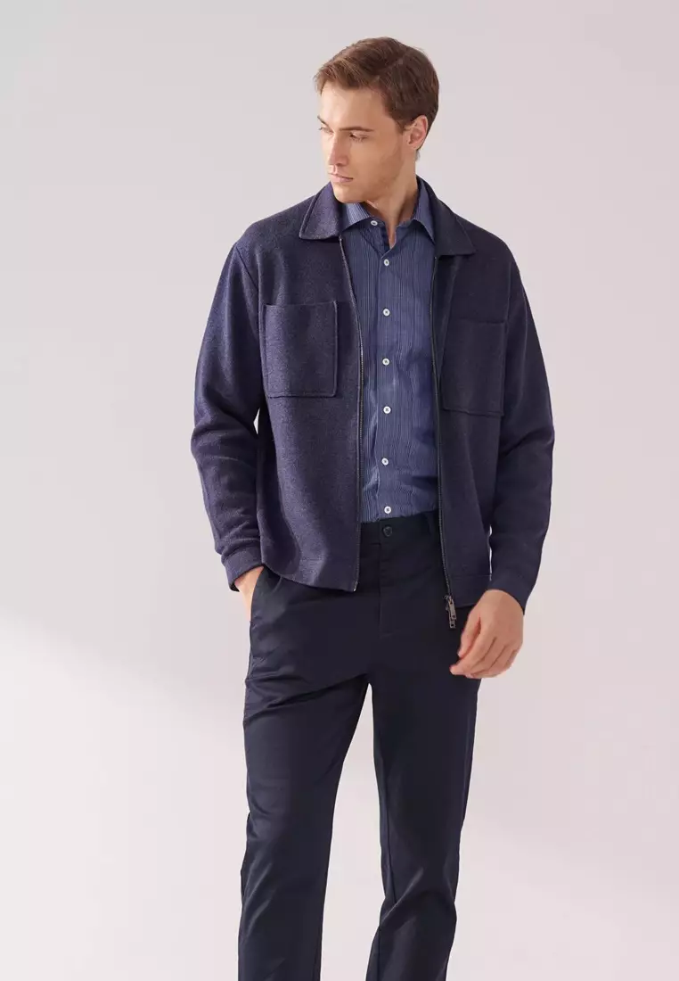 Navy Double-Pocket Full-Zip Cardigan