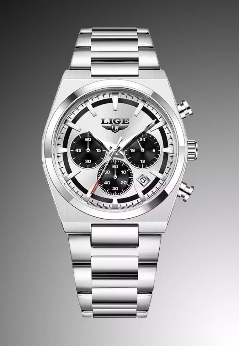 Chronograph Unisex Silver Color Alloy Quartz Watch 41mm, Stainless Steel Bracelet