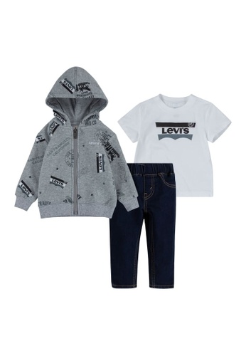 Levi's grey Levi's Unisex Infant's Zip Up Hoodie, Short Sleeves Tee & Pants Set (12 - 24 Months) - Grey Heather 737C3KA4A49BCFGS_1