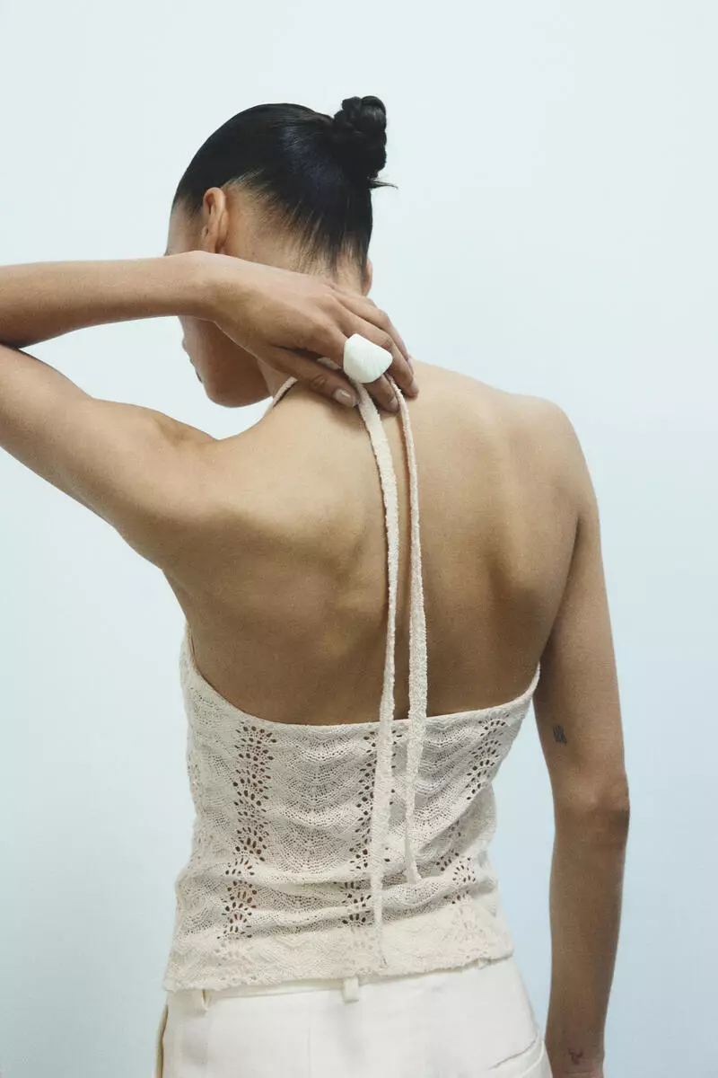 Pointelle-knit halterneck top