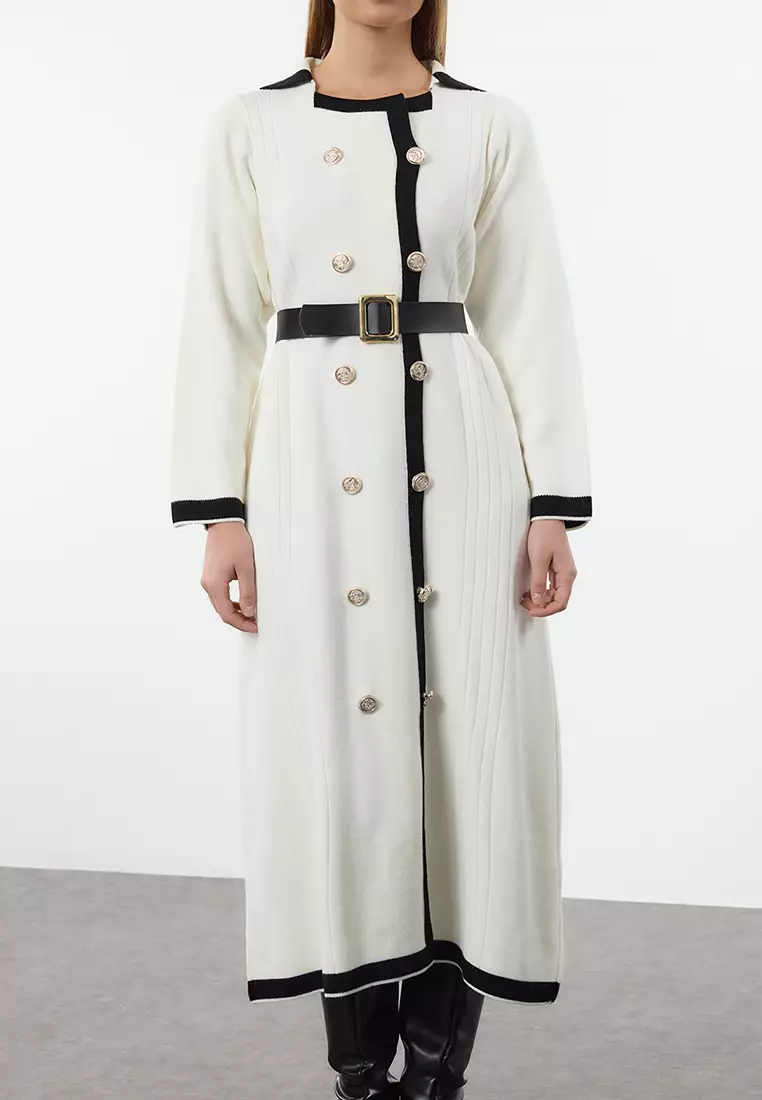 Belted Buttoned Knit Color Block Dress