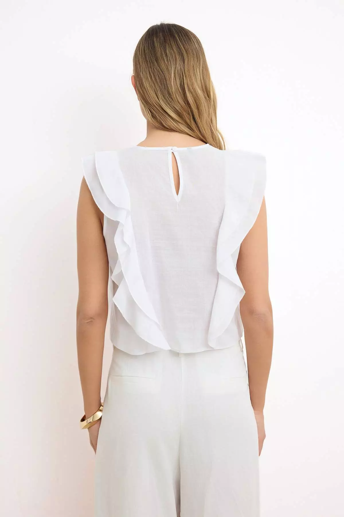White Ruffle Detailed Crop Length Semi-Transparent Woven Blouse Twoss26Bz43