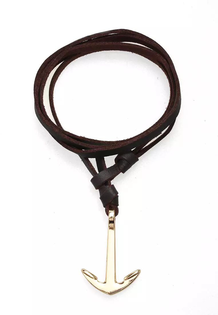 Aleda Gelang Kasual Pria Wanita Aksesoris Fashion Bracelet Adjustable Strap Anchor Design Material Leather ORIGINAL - Brown