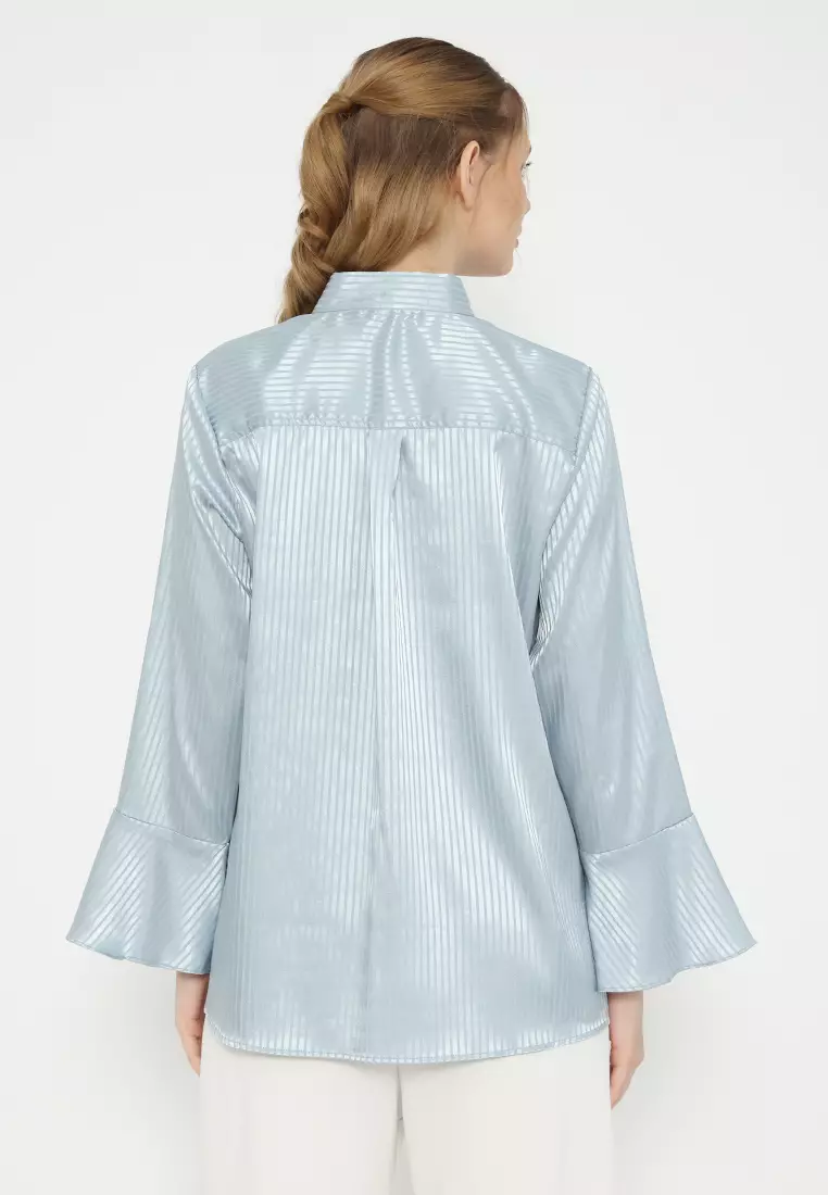 Shimmer Blouse With Stripe Pattern In Soft Blue By Brilliant Girl Warna Biru Muda