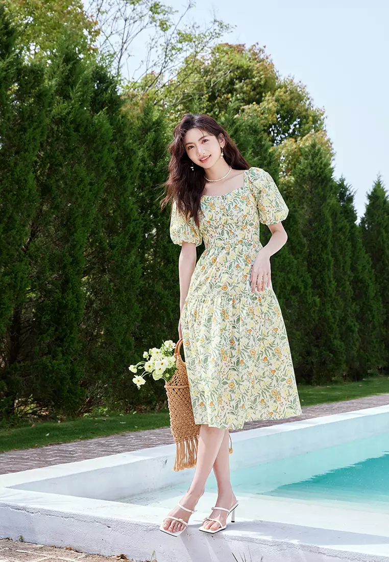 Puff Sleeve Square Neck Floral Summer Floral Dress