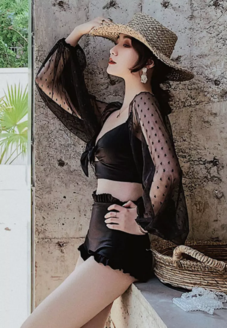 Lace Up Split Triangle Long Sleeve Two Piece Swimsuit CA071703BK