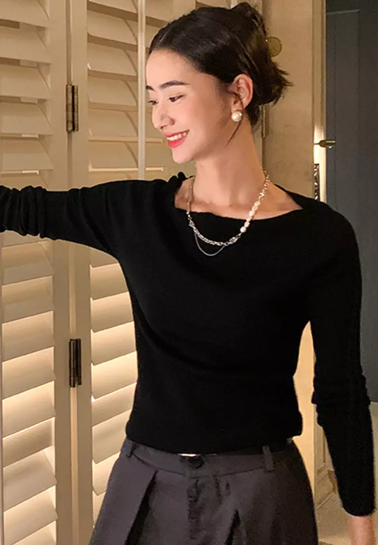 F/W 新款綿羊毛針織修身長袖女士上衣 A22090710BK