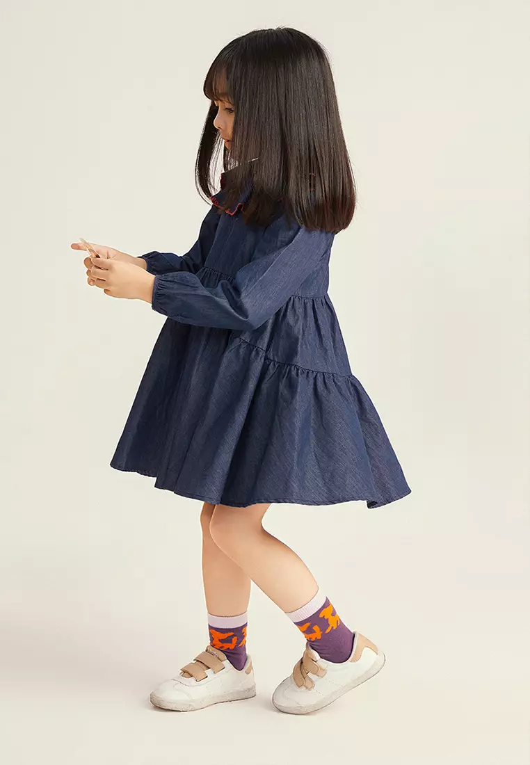 女大童长袖连衣裙领口绣花甜美牛仔蛋糕裙