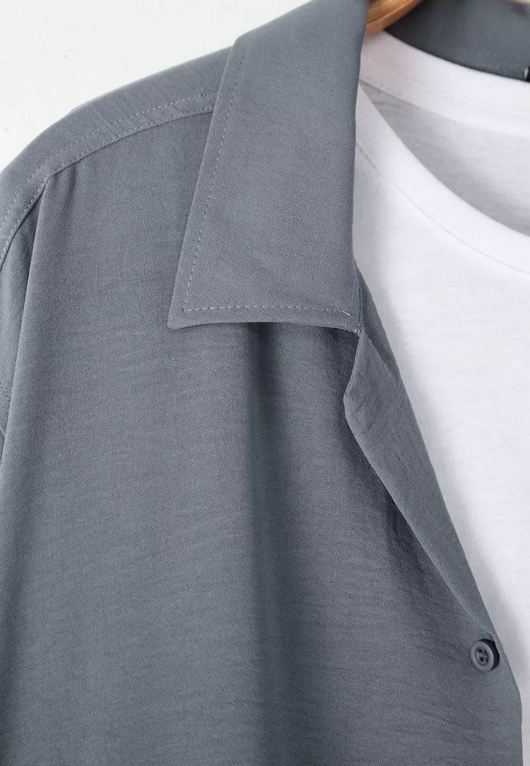 Grey Regular Fit Fit Open Collar Summer Linen Look Plus Size Shirt TMNSS24AX00012