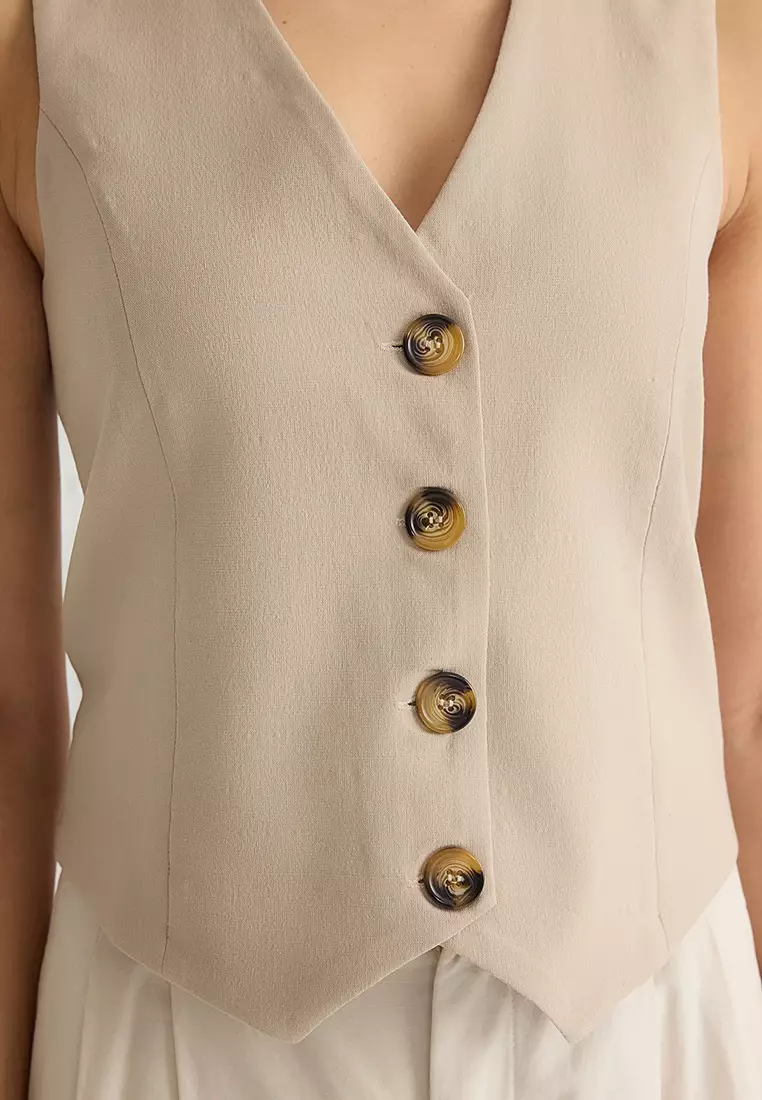 Beige Fitted Buttoned Crop Woven Vest