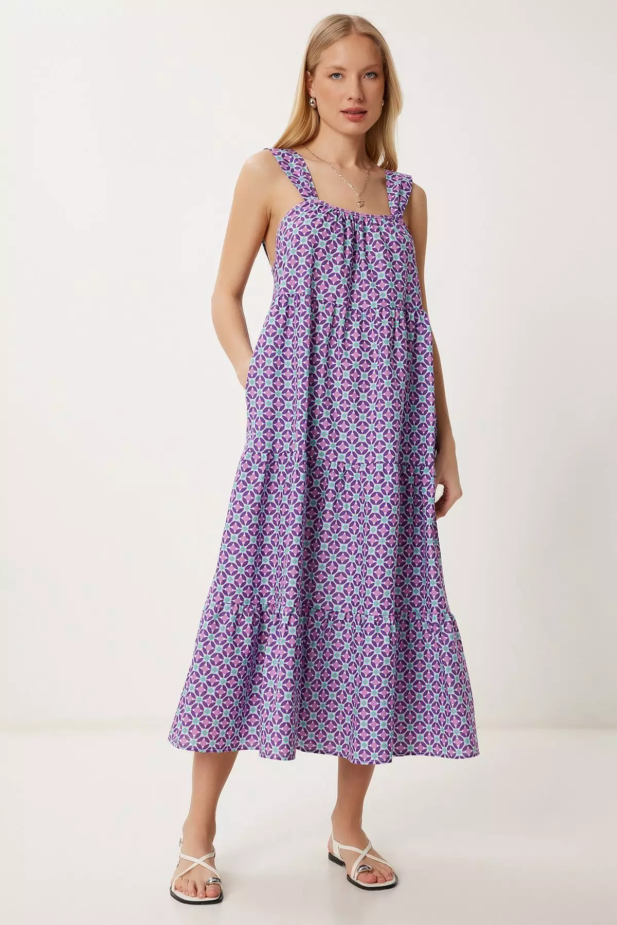 Women's Purple Patterned Flounced Summer Dress Fk00024