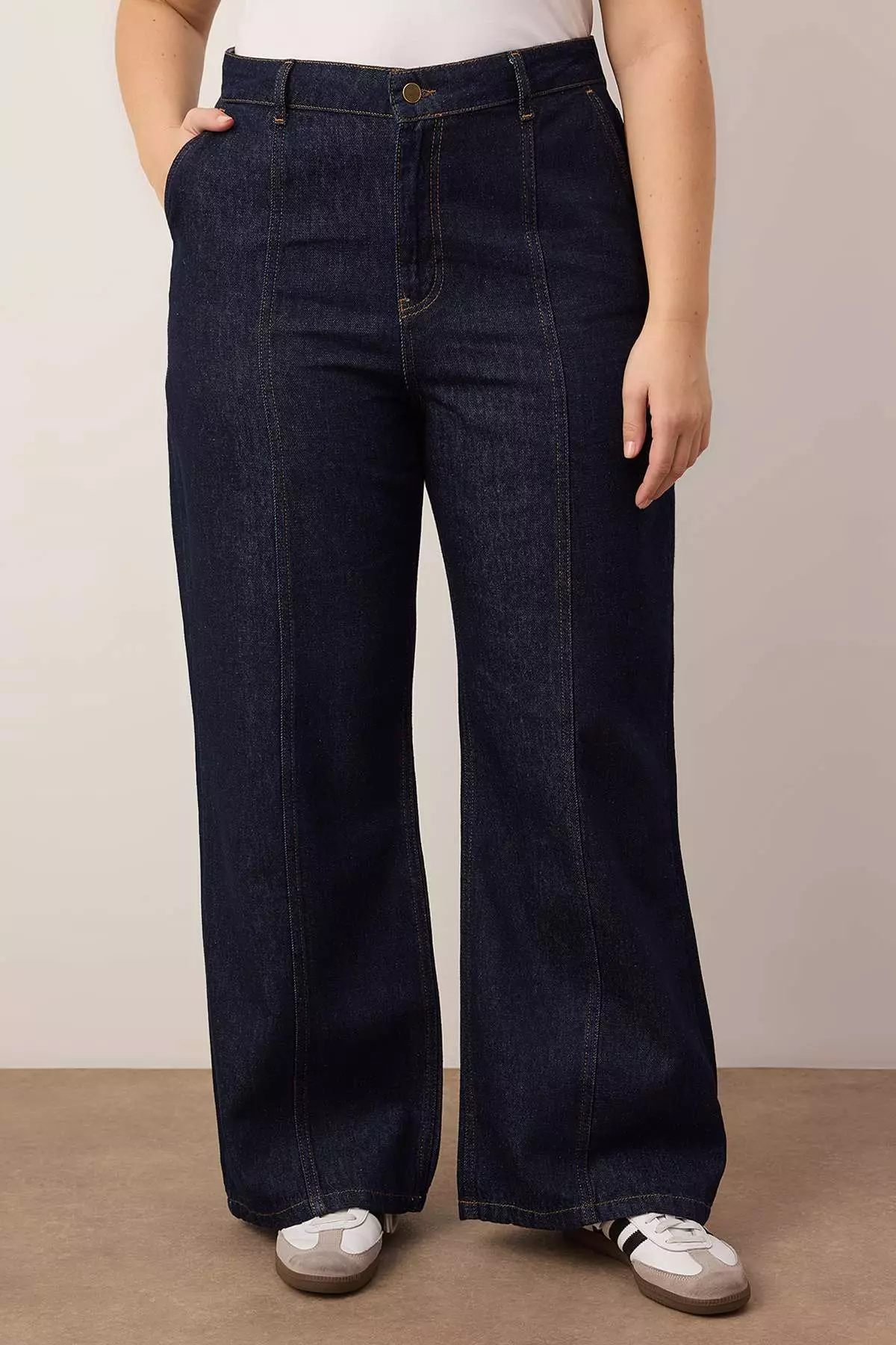 Dark Blue Stitching Detail High Waist Plus Size Wide Leg Jeans Tbbaw26Cj00054
