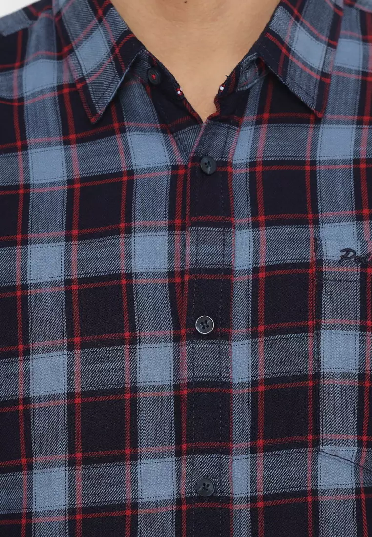 POLICE Kemeja Kotak Twill Navy Merah Regular Fit Pria