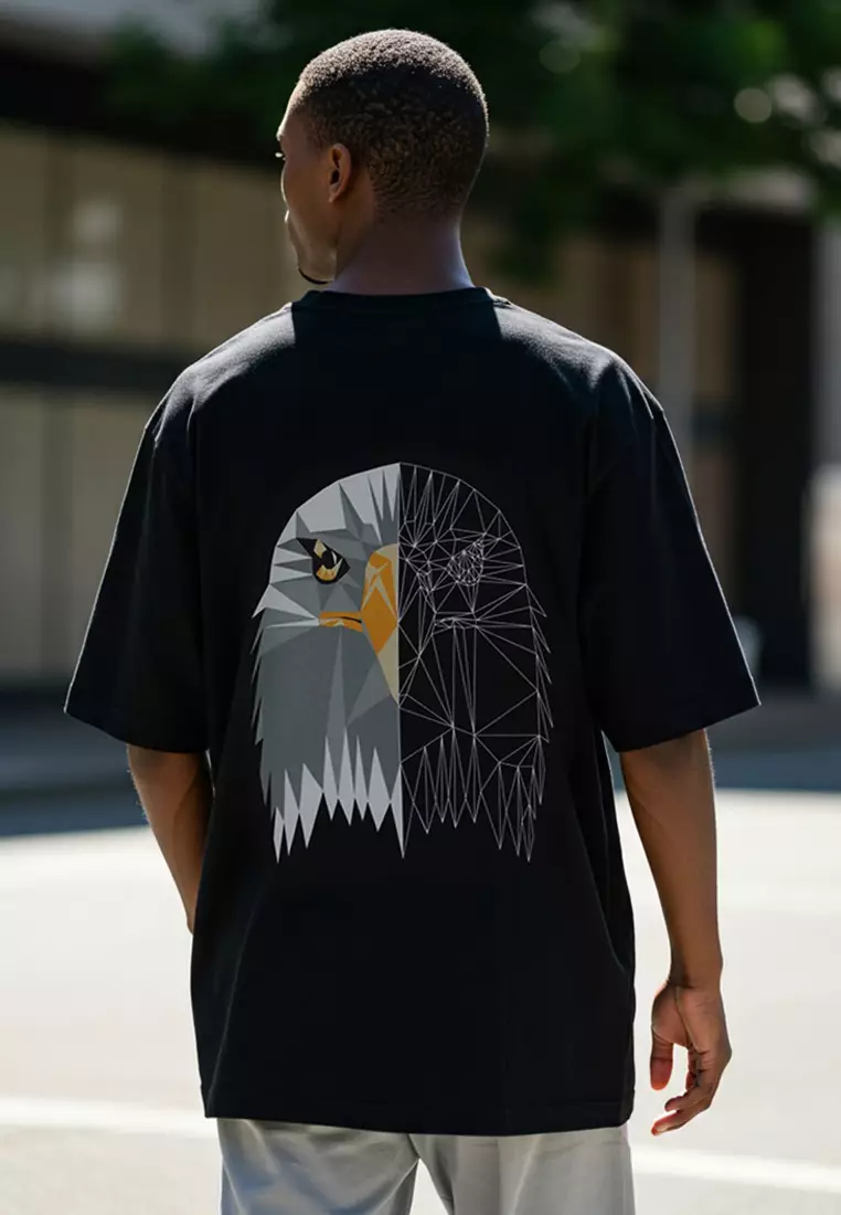 Black Oversize/Wide Cut Back Eagle Printed 100% Cotton T-Shirt TMNSS25TS00117