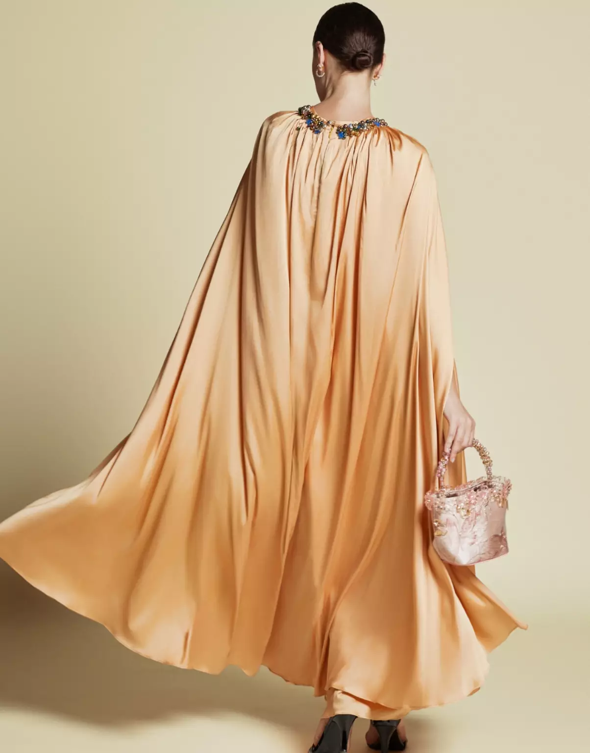 Demure Signature - Crystal Embellished Cape Kaftan in Italian silk Twill Light Peach - Dress