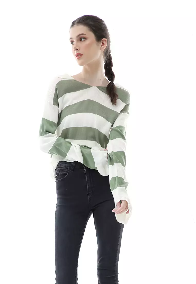 Vilia Rajut Crop Atasan Wanita Oversize Motif Stripe Garis Relaxed Fit - Mint