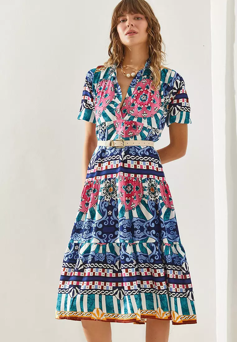 Women's Magnificent Collar Katkat Patterned Viscose Dress 60251287