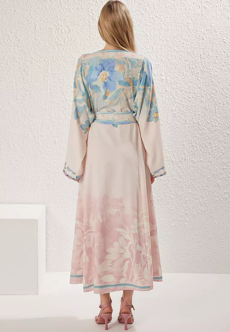 Powder Linen Look Spanish Sleeve Belted Patterned Woven Dress TCTSS25EB00033