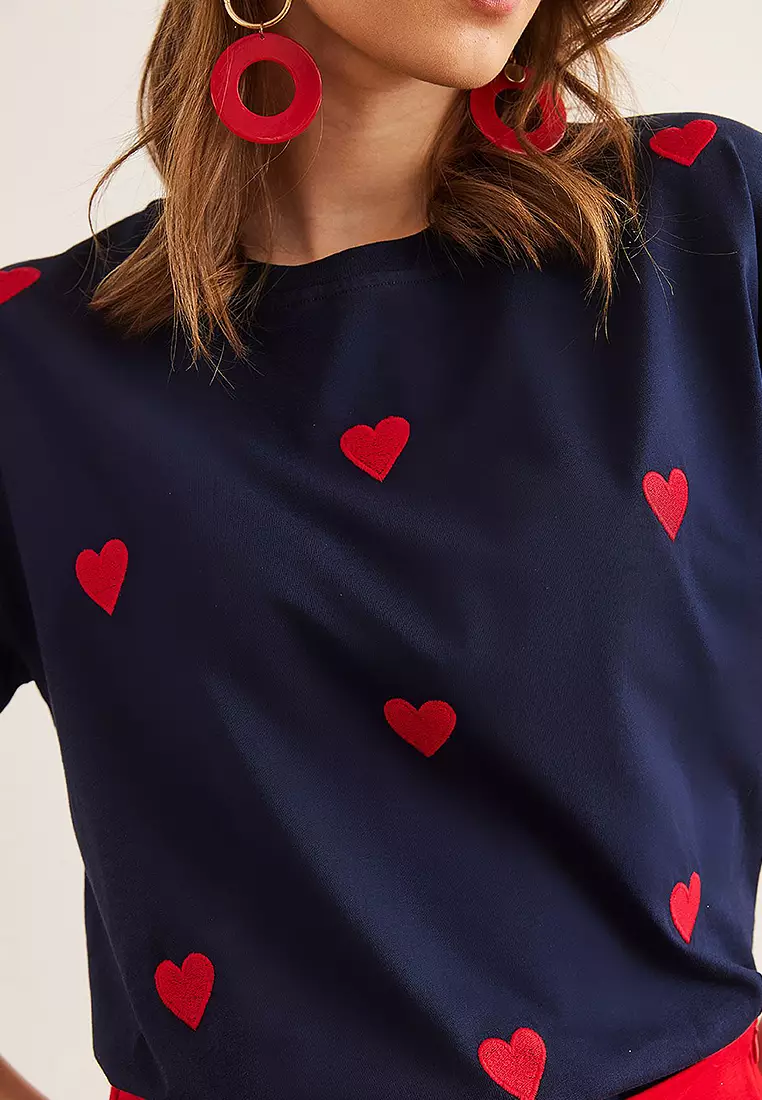 Heart Embroidered Cotton Regular Fit T-Shirt