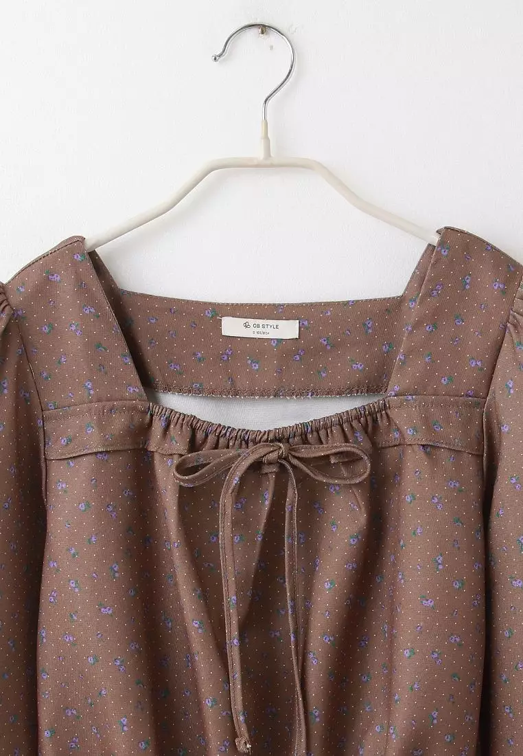 Romantic Floral Smocked Crop Blouse with Square Neck and Puff Long Sleeves [AB19913]