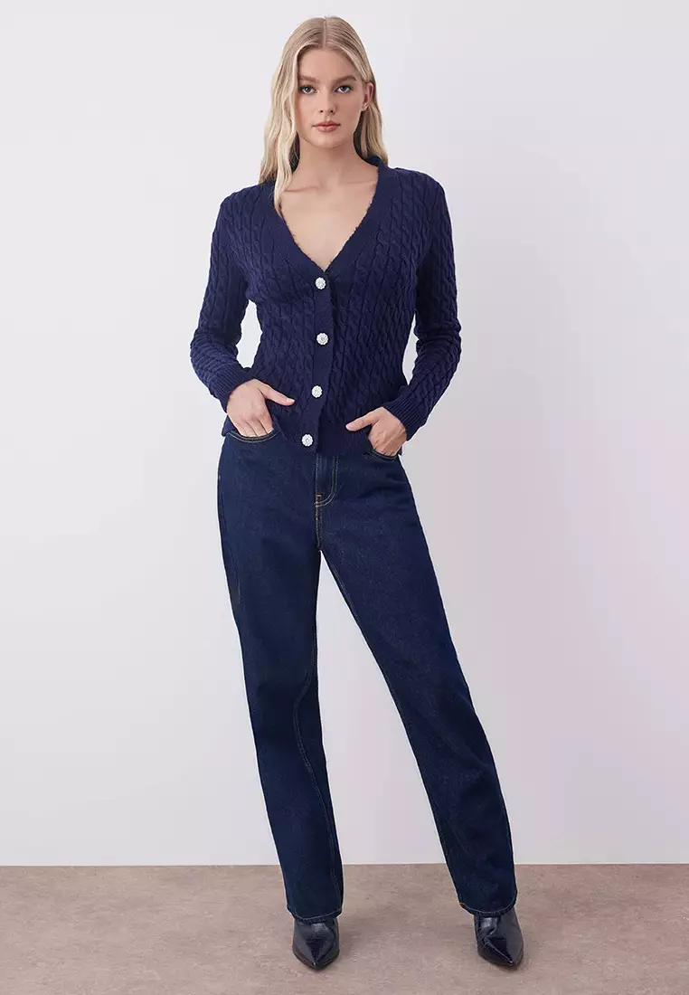 Button Detailed Soft Textured V-Neck Knit Cardigan