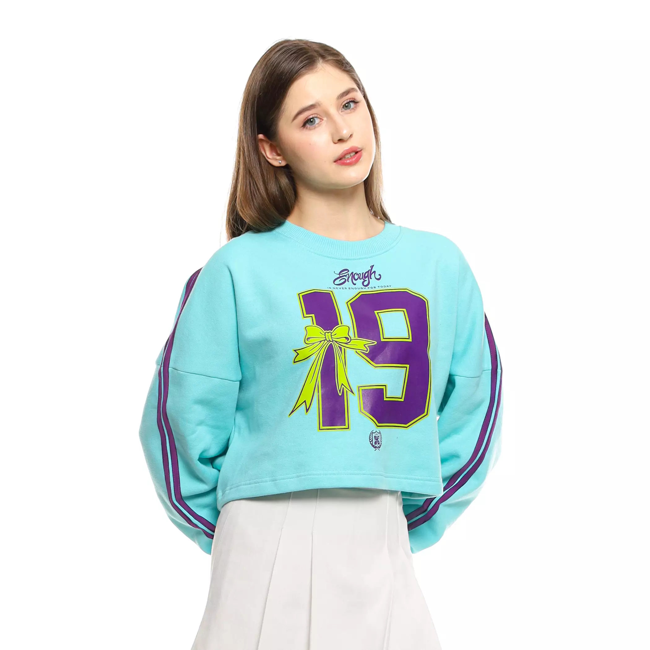 Enough For Today - Sweater Crop Oversize Crewneck Wanita Coquette 19 Skyblue Korea Variasi Garis