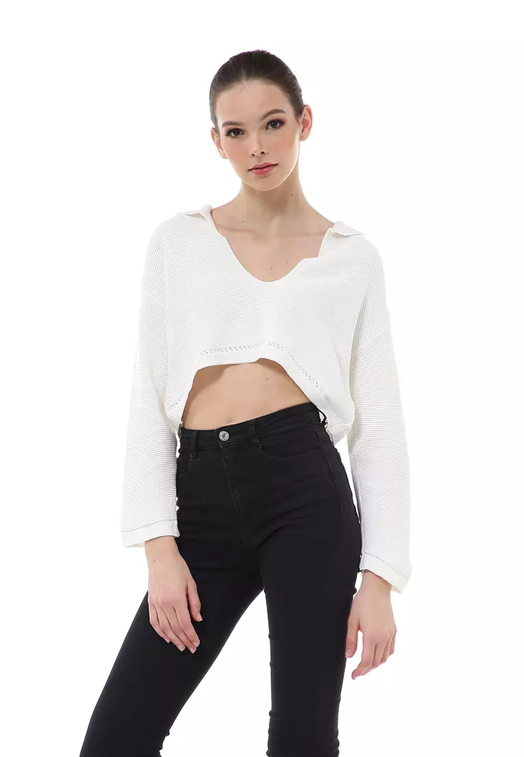 Albertine Atasan Crop Wanita Lengan Panjang Blouse Vneck Motif Polos Material Rajut ORIGINAL - White