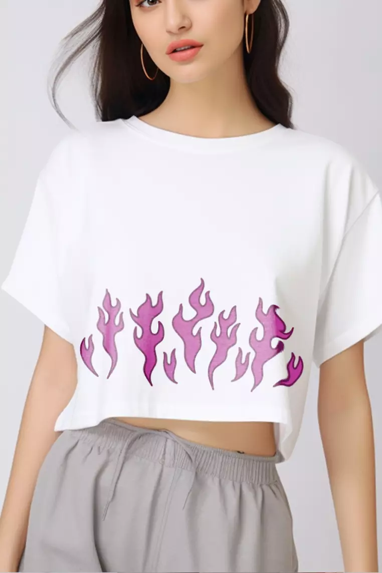 LTE48 crop top OLC kaos oversize wanita pink fire putih